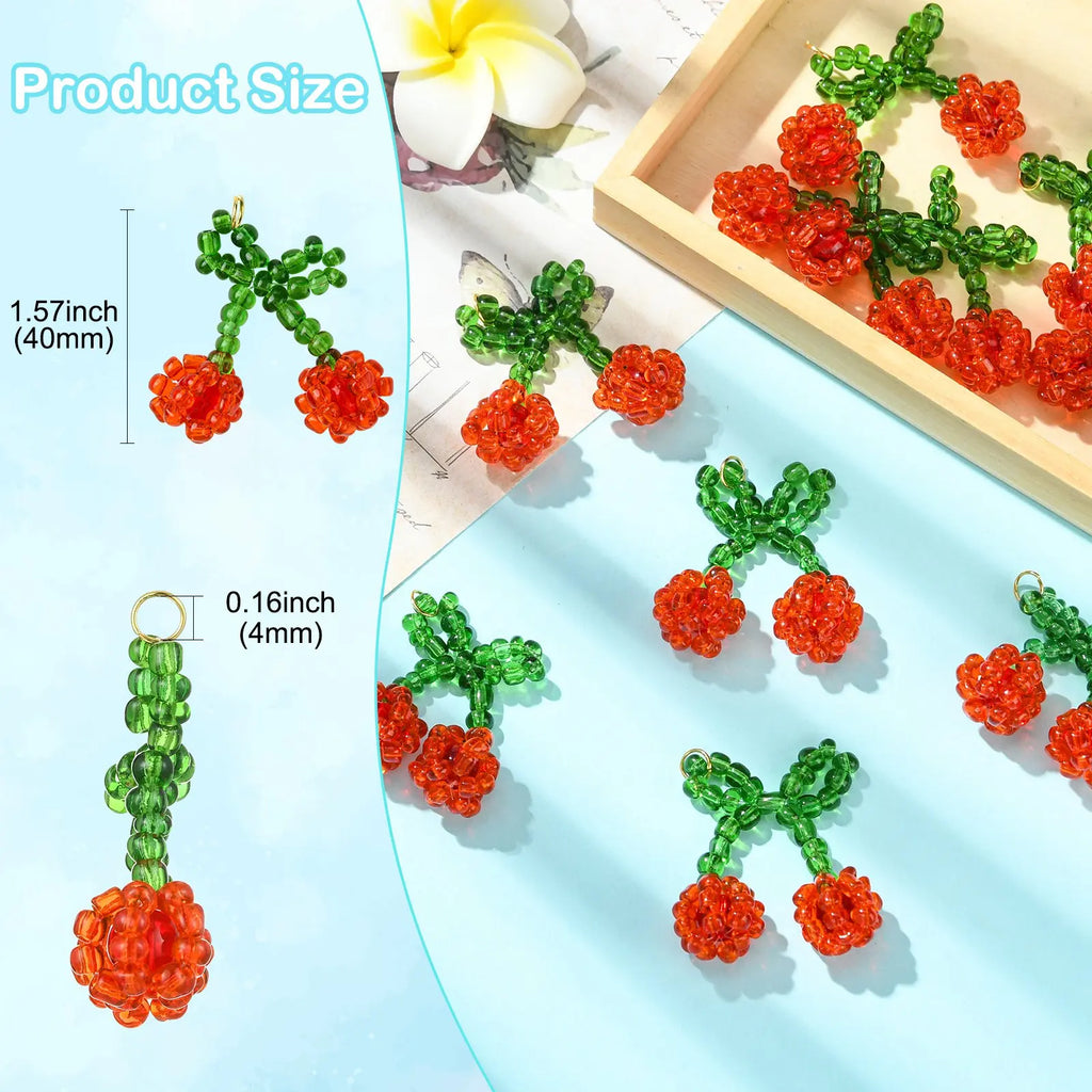 Pandahall 10Pcs Red Cherry Glass Charms Handmade Glass Seed Beaded Pendants 3D Fruit Cherry Dangle Charms for DIY Jewelry Making Qme