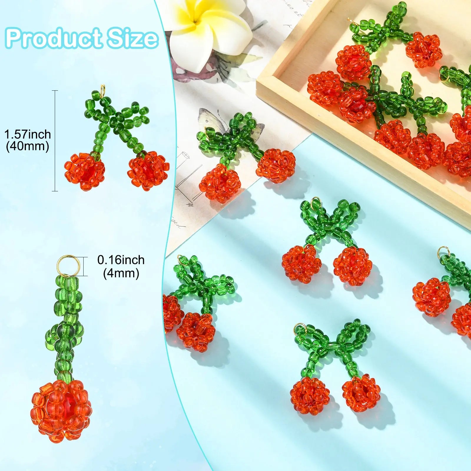 Pandahall 10Pcs Red Cherry Glass Charms Handmade Glass Seed Beaded Pendants 3D Fruit Cherry Dangle Charms for DIY Jewelry Making Qme