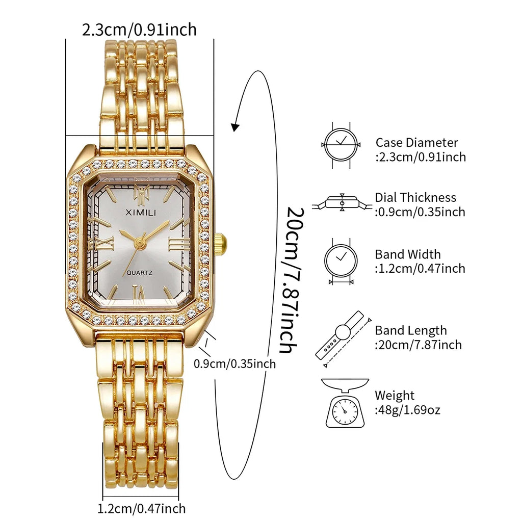Luxo strass relógios femininos moda retângulo pulseira relógio de pulso de quartzo para meninas reloj mujer Qme