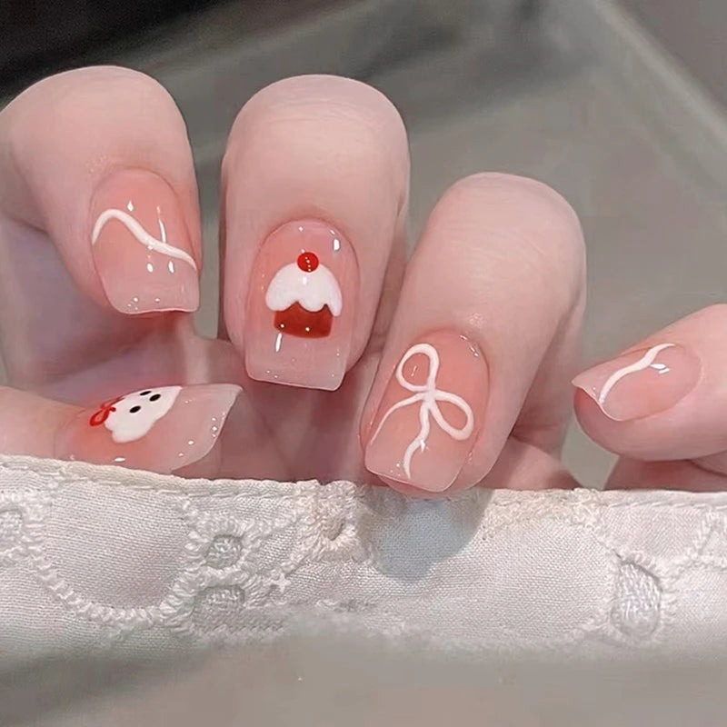 Lovely Dog Bow Cake Short Square False Nails Jelly Adhesive Qme