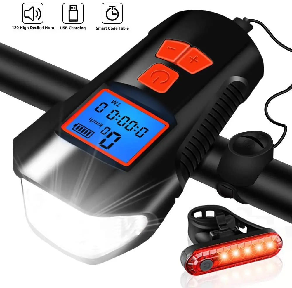 Bike Light Set,Bicycle Headlight with Horn and Speedometer Odometer,USB Rechargeable Bike Front Light and Tail Light Qme Red