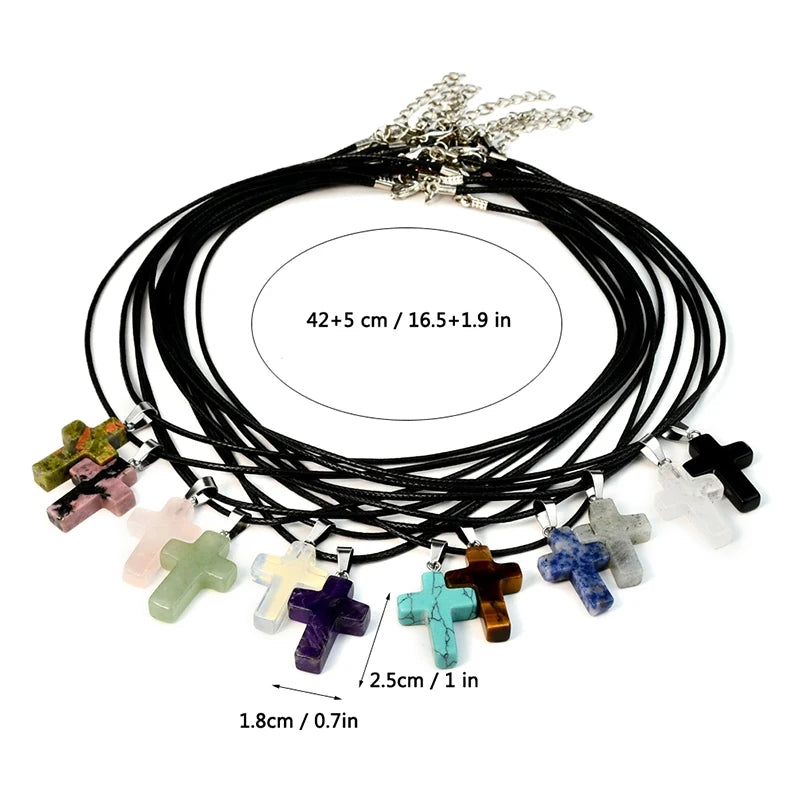 Natural Stone Cross Pendant Necklace, Colorful Punk Rock Style, Street Cool Vintage Y2K Goth Hip Hop Jewelry for Men and Women Qme