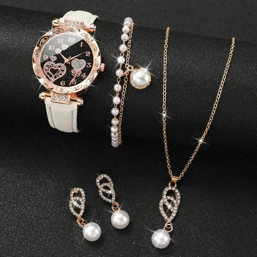 4Pcs Watch Jewelry Set Rhinestone Heart Dial Leather Quartz Watch Pearl Necklace Earrings Bracelet Gift Setwatch Qme