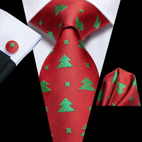 Christmas Red Tie Set 3 Pieces Men Necktie Pocket Square Cufflinks Xmas Wedding Party Suit Accessories Gifts for silk Boyfriend Qme LDSN3732