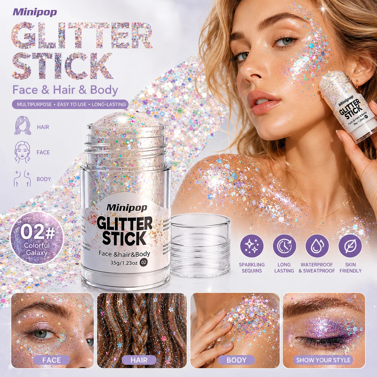 Aurora White Glitter Sequins Stick Face Hair Body Glitter Gel Waterproof Long Lasting Green Purple Shimmer Makeup Party Cosmetic Qme