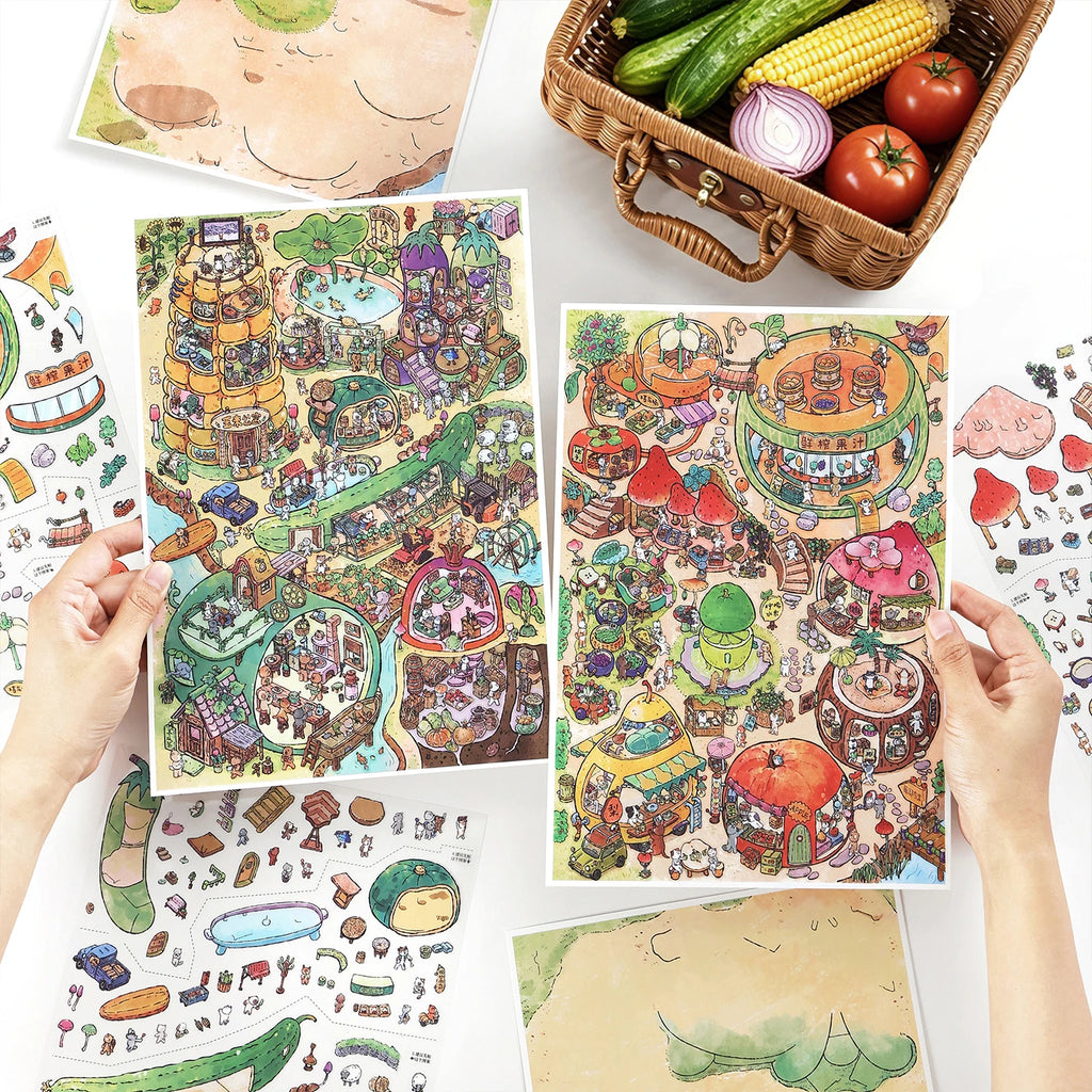 TIANZI 4/8 Pcs Scenes Cartoon Landscape Sticker DIY Cabin Scene Stacking and Pasting Hand Account Decompression Stationery Qme