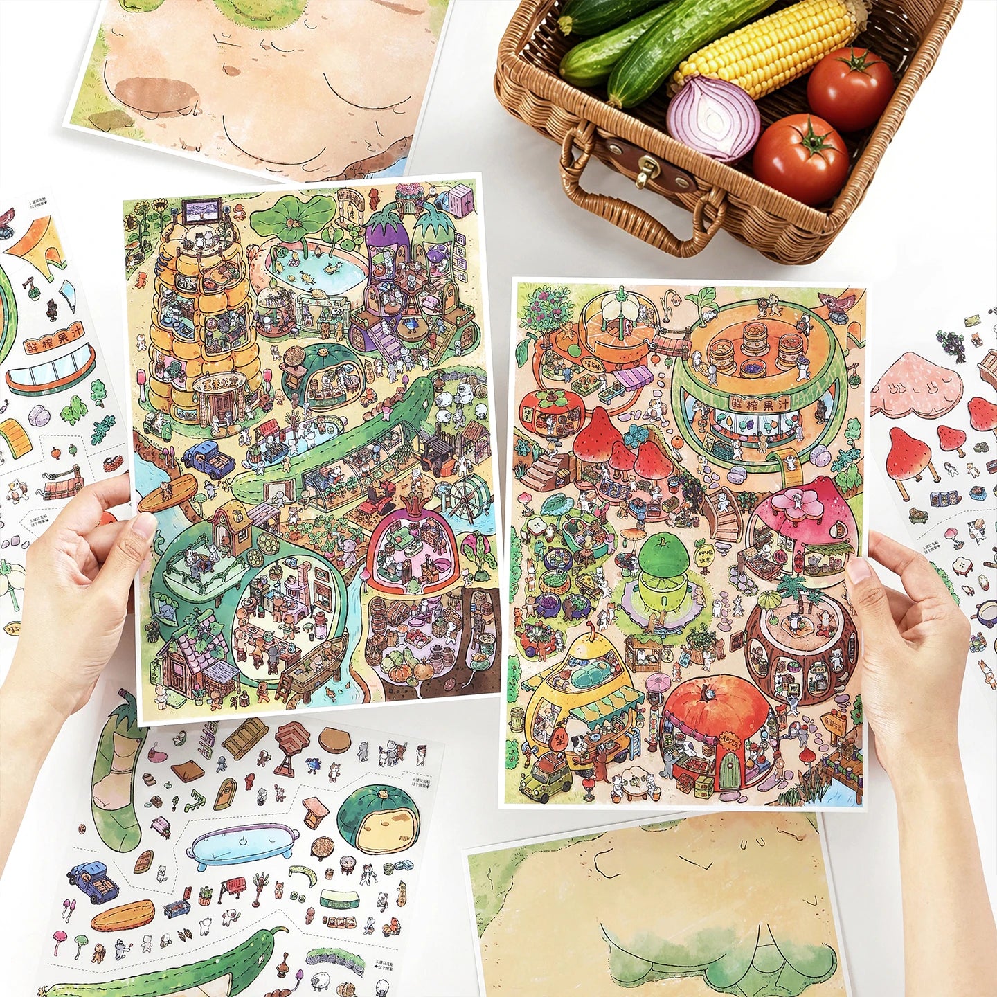 TIANZI 4/8 Pcs Scenes Cartoon Landscape Sticker DIY Cabin Scene Stacking and Pasting Hand Account Decompression Stationery Qme