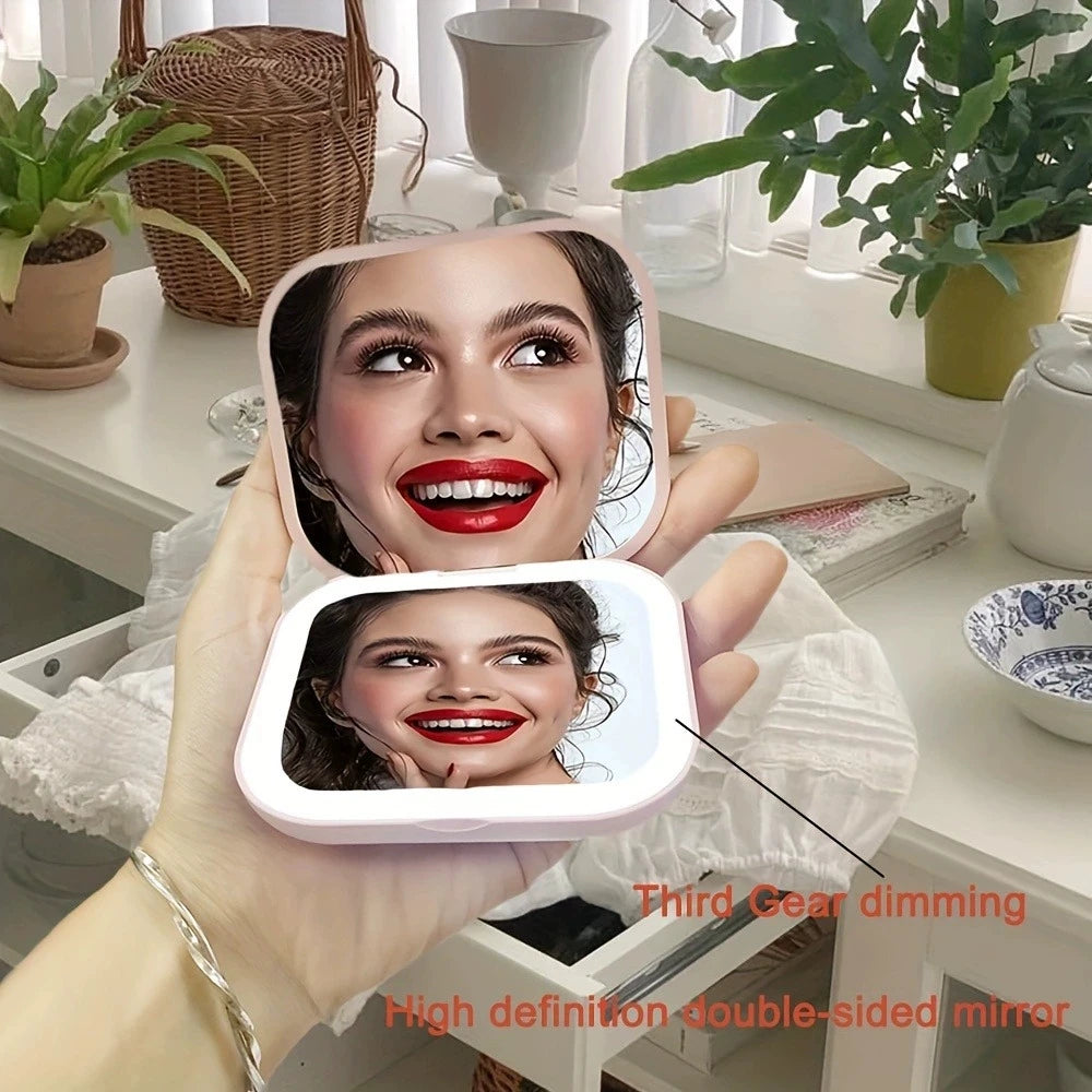 Compact Small Mini Travel Folding Vanity Cosmetic Mirror with Lights Portable HandHeld Pocket LED Makeup Mirror Qme