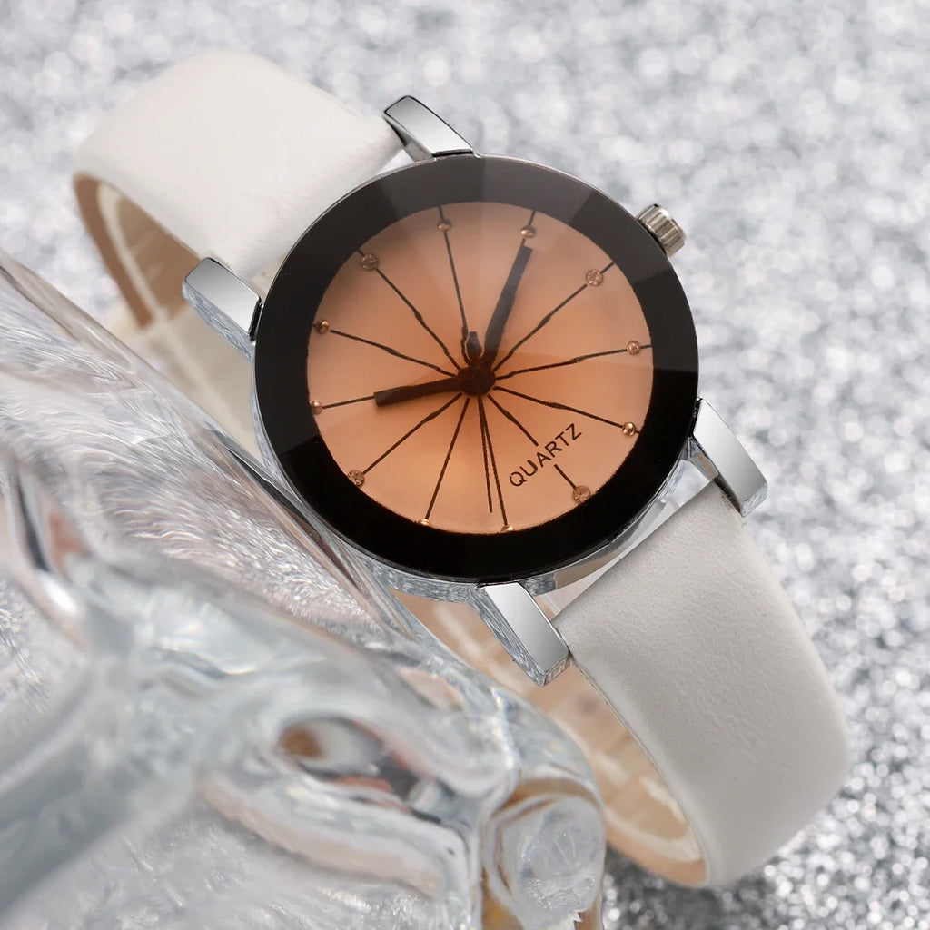 Relógio de quartzo com strass feminino, pulseira de couro casual, relógios de pulso sem caixa, relógios fashion, 2 peças Qme