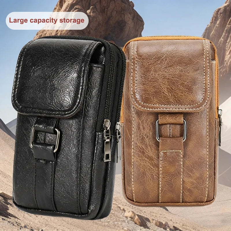 Vintage PU Leather Waist Strap Bag Waterproof Hook Chest Multi Layer Qme