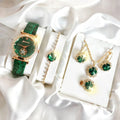 6-piece women's round quartz watch set gift box, large diamond bracelet set, watch set Qme green