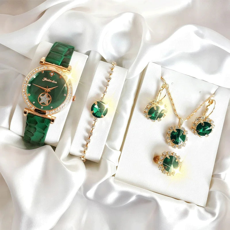 6-piece women's round quartz watch set gift box, large diamond bracelet set, watch set Qme green