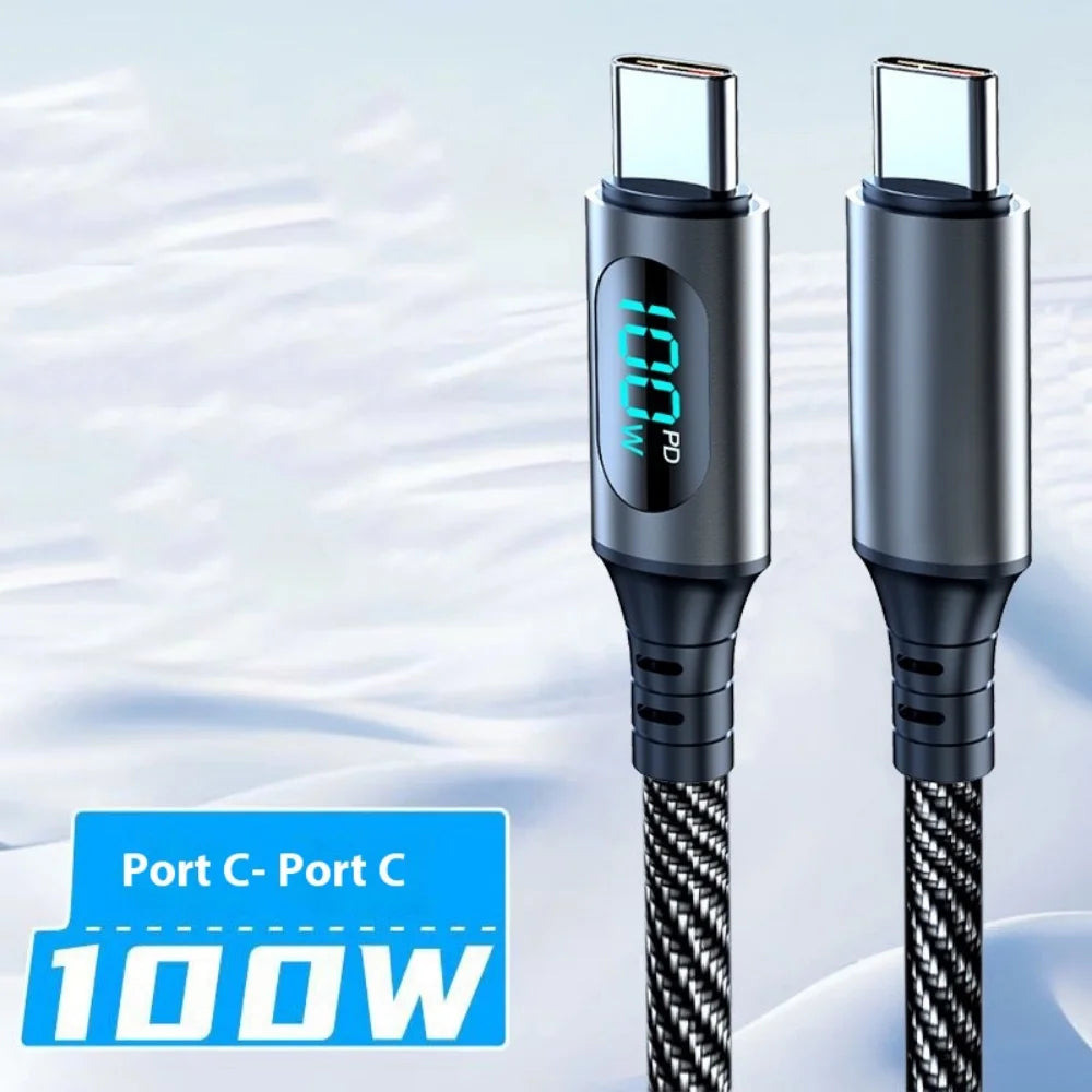 120W Type C Fast Charge Cable With Led Digital Display Cable6A Nylon Data Cord For Xiaomi Samsung iPhone Data Transmission Wire Qme Black USB C-C 1m