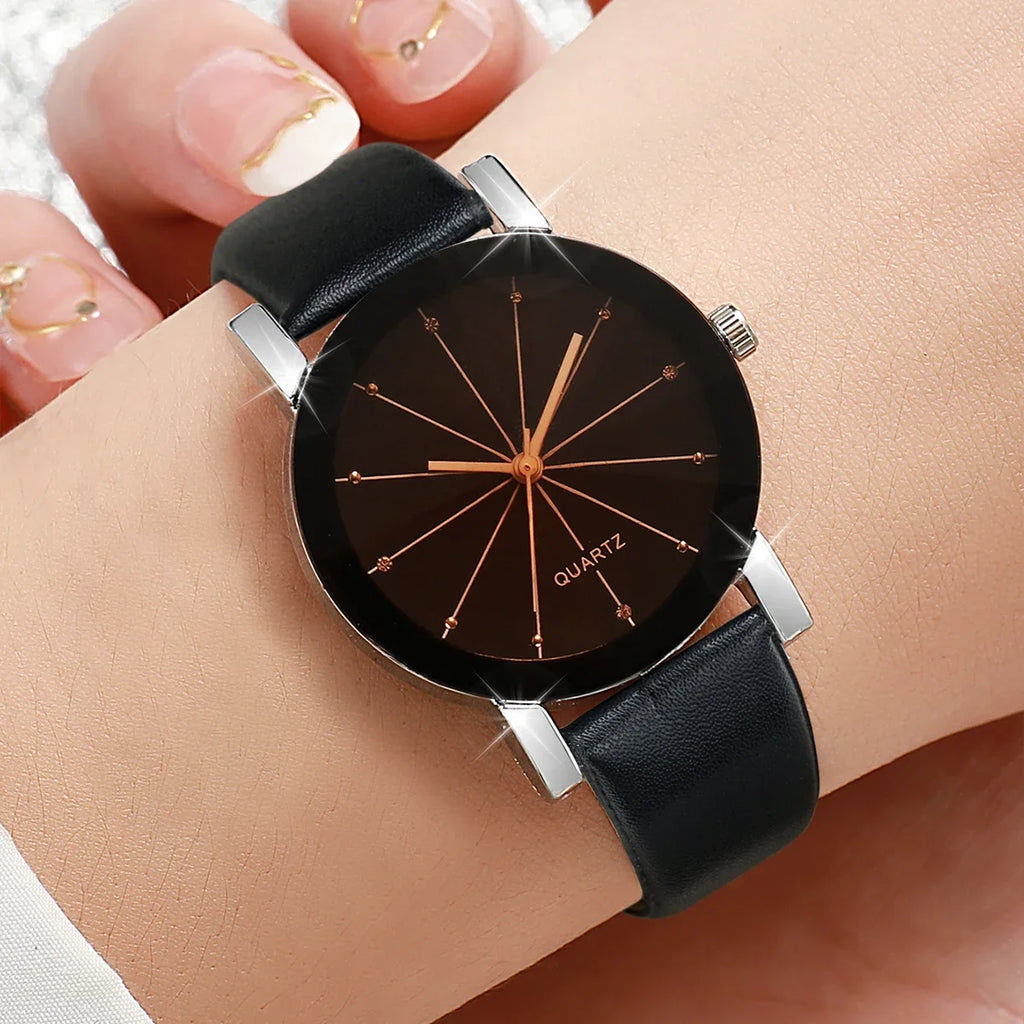 Relógio de quartzo com strass feminino, pulseira de couro casual, relógios de pulso sem caixa, relógios fashion, 2 peças Qme black
