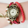 Women’s Vintage And Personalized Leather Winding Bracelet With Leaf Pendant Fashion And Casual No Waterproof Quartz Watch Qme Red No