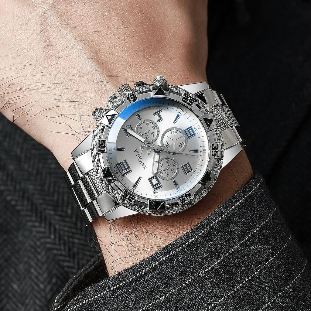 Men's Stainless Steel Quartz Wrist Watch, Casual Set With Necklace And Bracelet, Caseless Business Watches, Fashion, 3 Pieces Qme