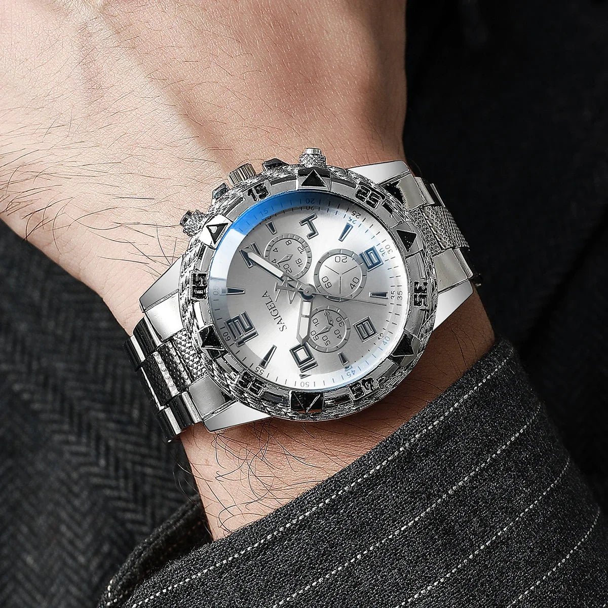Men's Stainless Steel Quartz Wrist Watch, Casual Set With Necklace And Bracelet, Caseless Business Watches, Fashion, 3 Pieces Qme