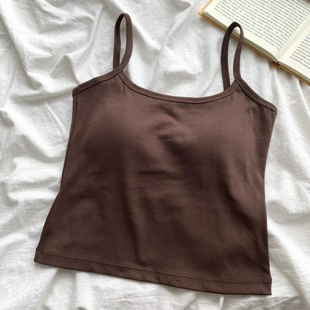 Tank Top Simple Spaghetti Straps Camisole Korean Style Cotton Slim Crop Top Solid Color Bottoming Shirt Sling Vest Women Qme Coffee One Size