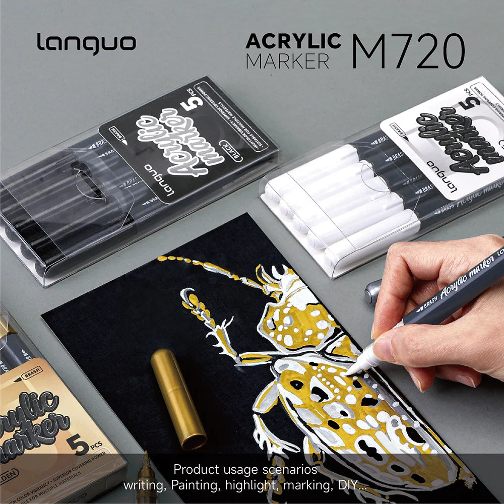 5 Count High Gloss Liquid Acrylic Permanent Marker,Black/White/Gold/Silver, Waterproof, for DIY Craft Painting Multi-Surface Qme