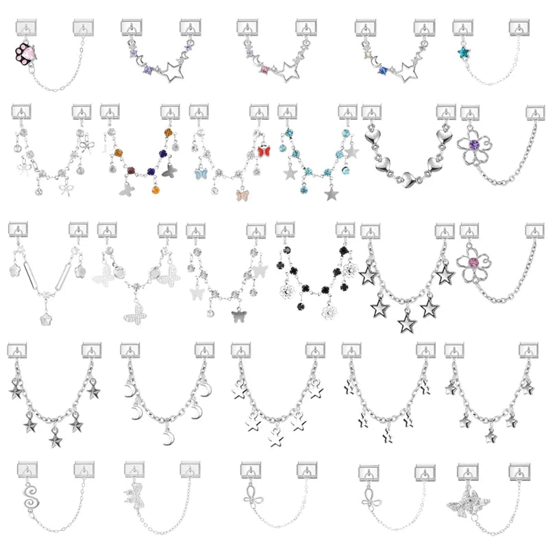 Wholeasle Preety Colored Zircon Tassel Chain Series Italian Charm Link Fit 9mm Stainless Steel Bracelet Women Jewelry DIY Making Qme