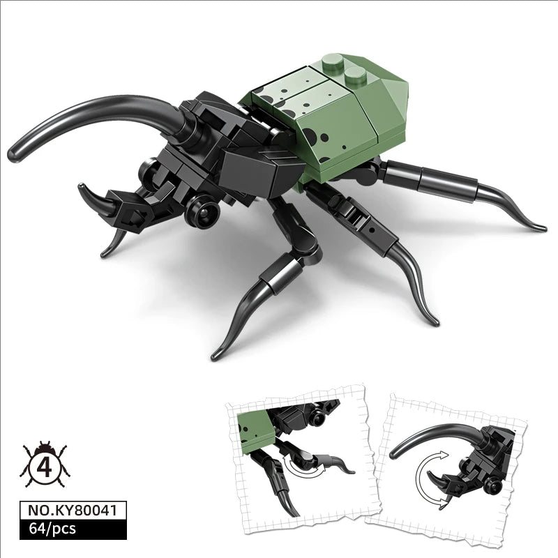 Creative Building Blocks Insect Model Bee Dragonfly Ant Mantis Children's Assembled Toys Interesting Animal Ornaments Gifts Kids Qme Unicorn beetle-64pcs Opp bag
