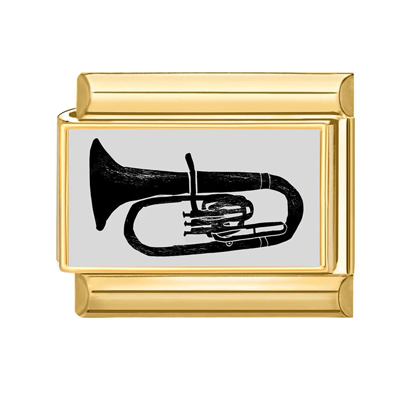 Gold Color Retro Black Trumpet Zebra Cow Piano Italian Charm Link Fit 9mm Stainless Steel Bracelet Women Jewelry DIY Making Gift Qme Style 14