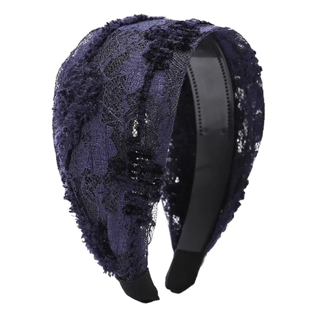 Trendy Retro Wash Face Lace Cloth Wide Edge Headband Female Hair Hoop Qme navy blue