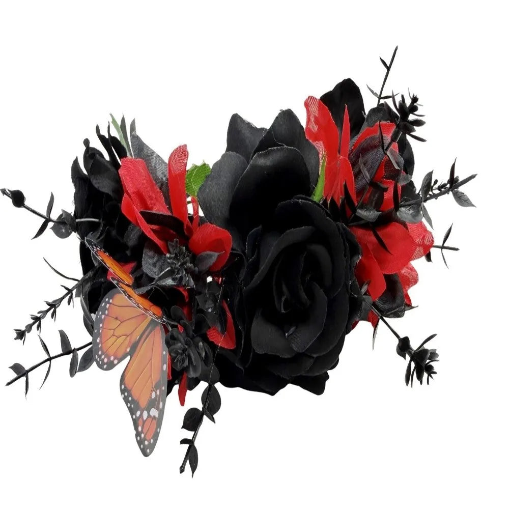 Gothic Halloween Rose Flower Crown with Butterfly Realistic Artificial Flower Headband Simulated Vintage Qme