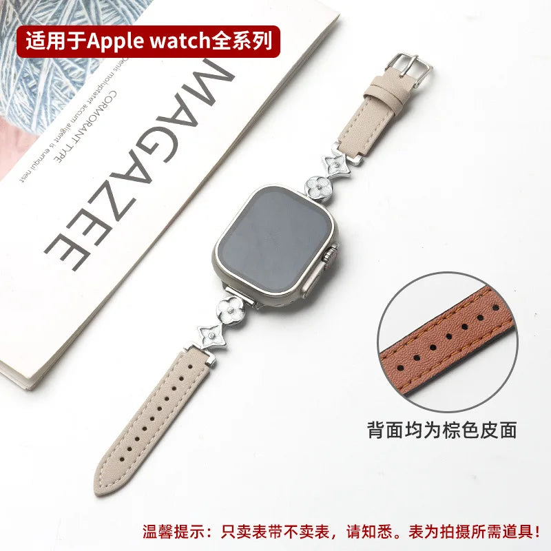 Applicable to iWatch10 strap Apple S9 watch AppleWatch metal four-leaf clover S8 leather S7S6 women's model Qme Silver with ash Ap-3841S10-42mm