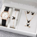 6 Pieces Women's Fashion Watch Arabic Dial Leather Bracelet Quartz Watches Butterfly Jewelry Set (Without Box) Qme black