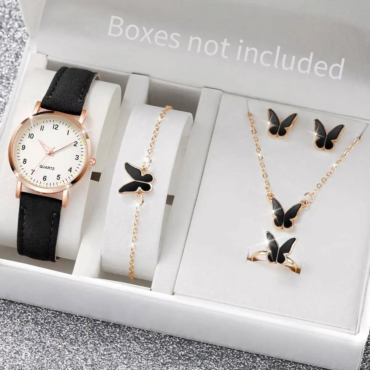 6 Pieces Women's Fashion Watch Arabic Dial Leather Bracelet Quartz Watches Butterfly Jewelry Set (Without Box) Qme black