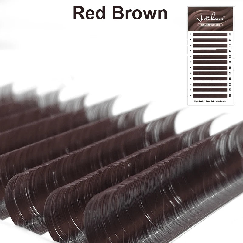 NATUHANA Caramel Colored Lashes Extension Individual Faux Mink False Qme Dark Red L 0.07mm|MIX