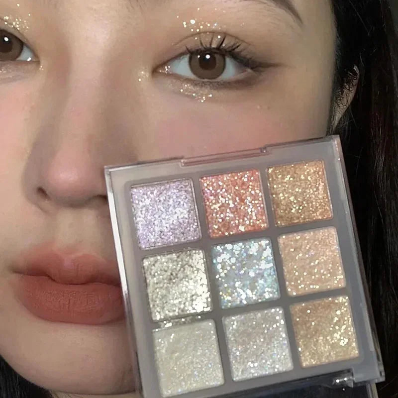 9-Color Glitter Eyeshadow Palette Champagne Pink Pearly Eye Shadow Shimmer Highlights Cool Tone Charming Sparkling Eyes Makeup Qme