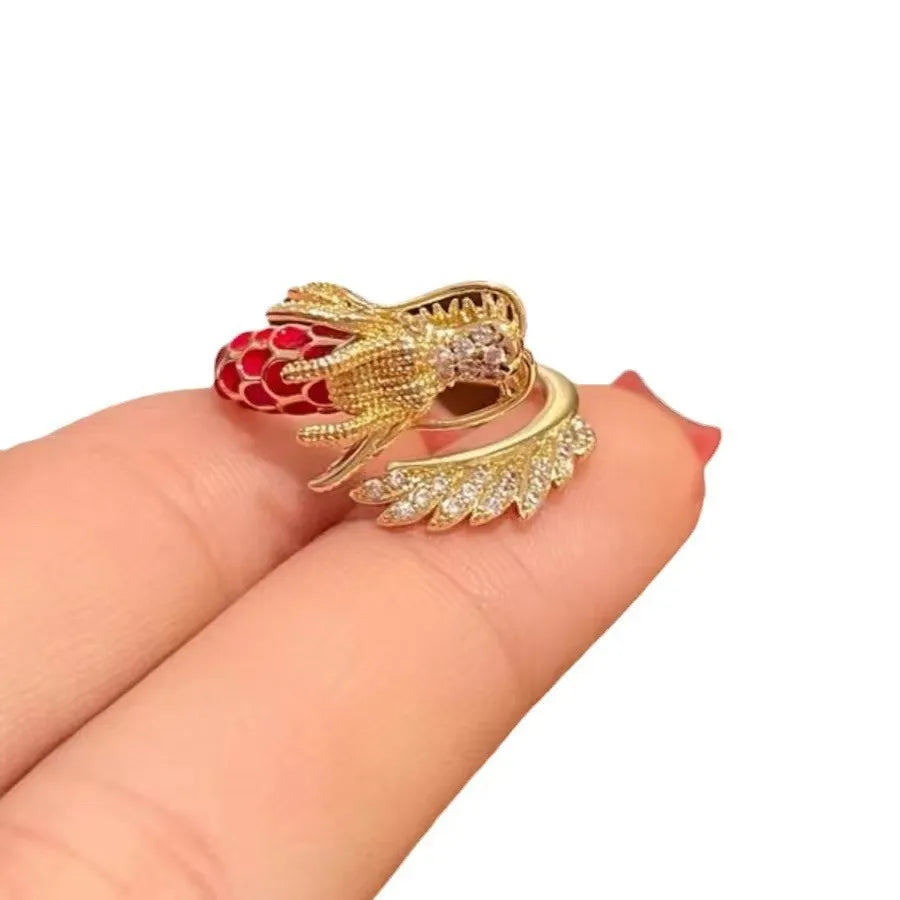 Niche Golden Dragon Shaped Gold Electroplating Attraction Open Ring Lucky Realistic Light Luxury High End Adjustable Jewelry Qme