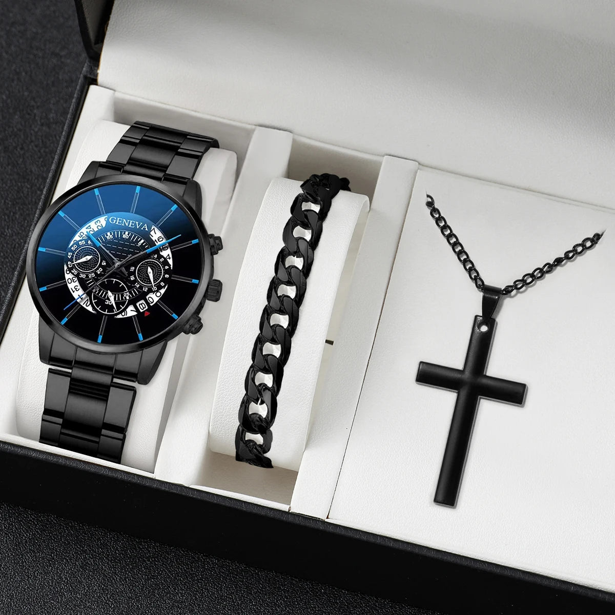 3 Pcs/set Men's Fashion Business Watches Steel Band Male Quartz Watch Casual Necklace Bracelet Wrist Watch Set (Without Box) Qme 1