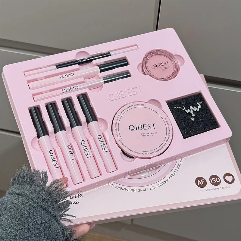 QIBEST Multipurpose Makeup Set Include 4PC Lip Mud,1 Pressed Powder,1 Blush,1 Eyeliner,1 Eyelash Tool,1 Eyebrow Pencil Cosmetics Qme Makeup Sets