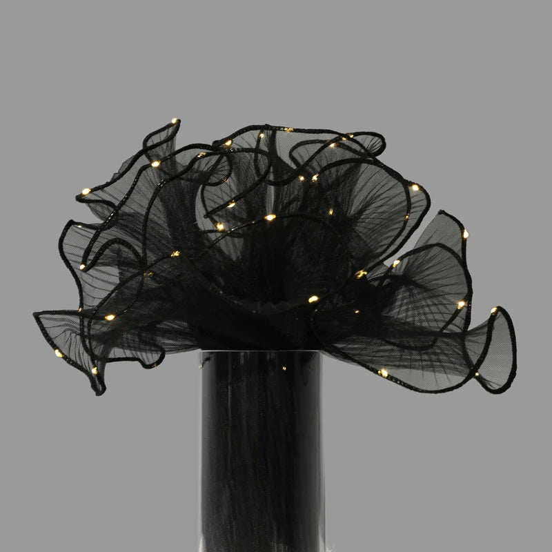 1Pcs LED Flower Wrapping Paper With Lights Lace Mesh Wave Yarn Florist Bouquet Packaging Decoration Wedding Birthday Gifts Qme Black