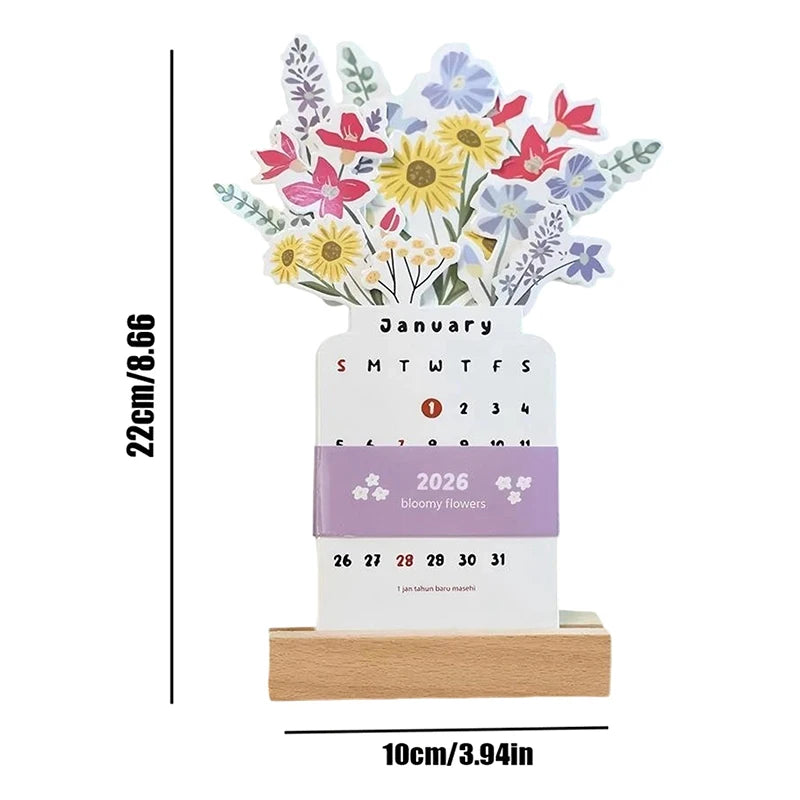 2026 Bloomy Flowers Mini Calendar Standing Desk Vase-like Desktop Qme