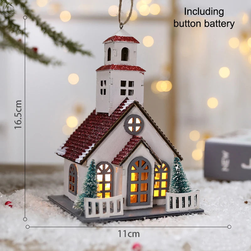 LED Wooden Christmas House Mini Xmas Snow Houses Wooden Winter Village Building Figurines Table Ornaments Holiday Party Decor Qme A6