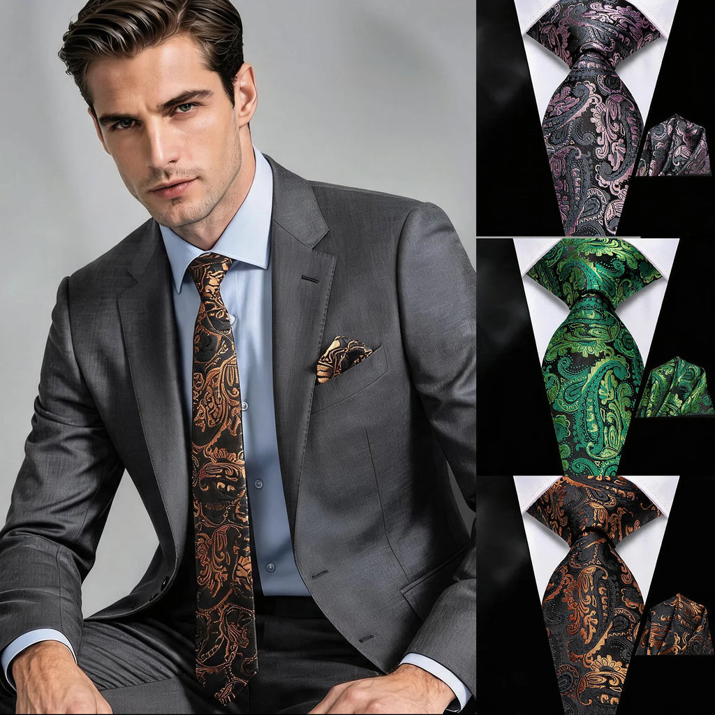 Men Formal Green Gold Pink Paisley Woven Necktie Pocket Square Party Qme