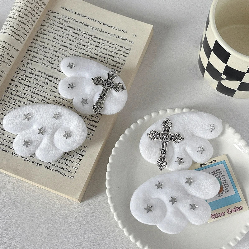Cute White Angel Wings Gothic Cross Hair Clip Subculture Y2k Hairpin Qme