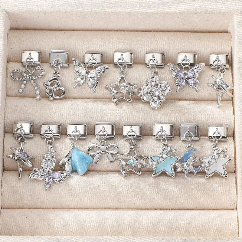 Fashion Blue Sereis Star Pearl Moon Butterfly Italian Charm Links Fit 9mm Stainless Steel Bracelet Women Jewelry DIY Making Gift Qme