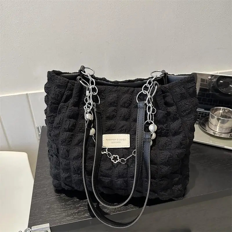 Bubble Textured Tote Bag Pearl Chain Decoration Large Capacity For Shopping Dating Office Commute Qme Black