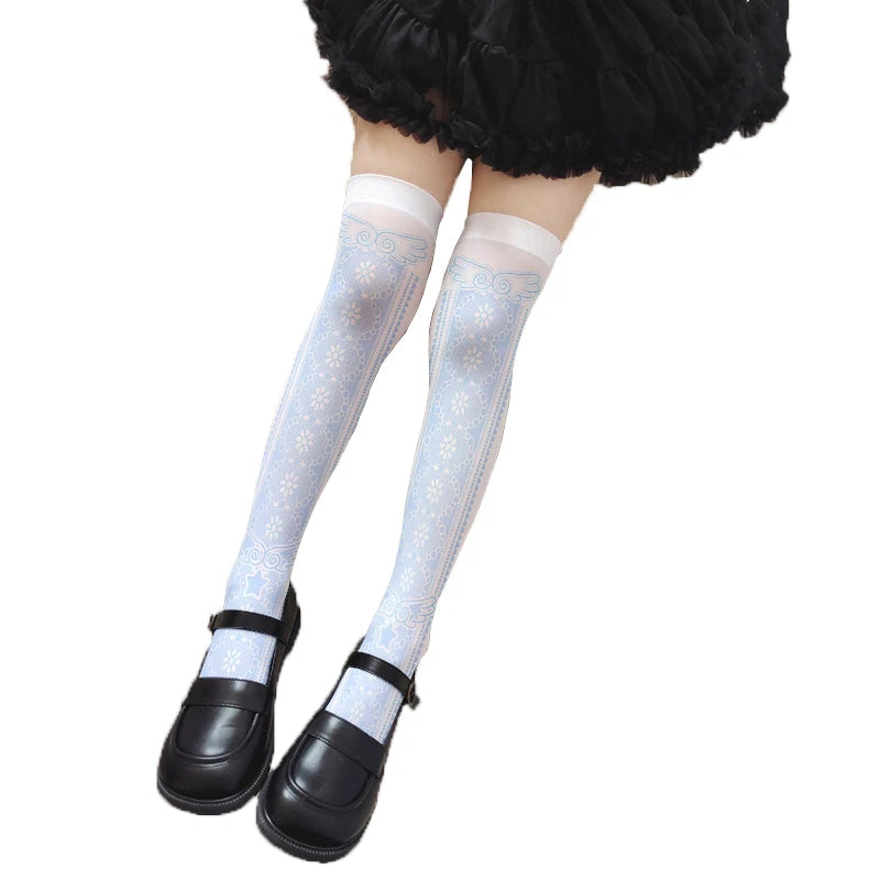 Cute Pink Princess Lolita Over Knee Stockings Love Bow Printed Girl Qme style4 One Size