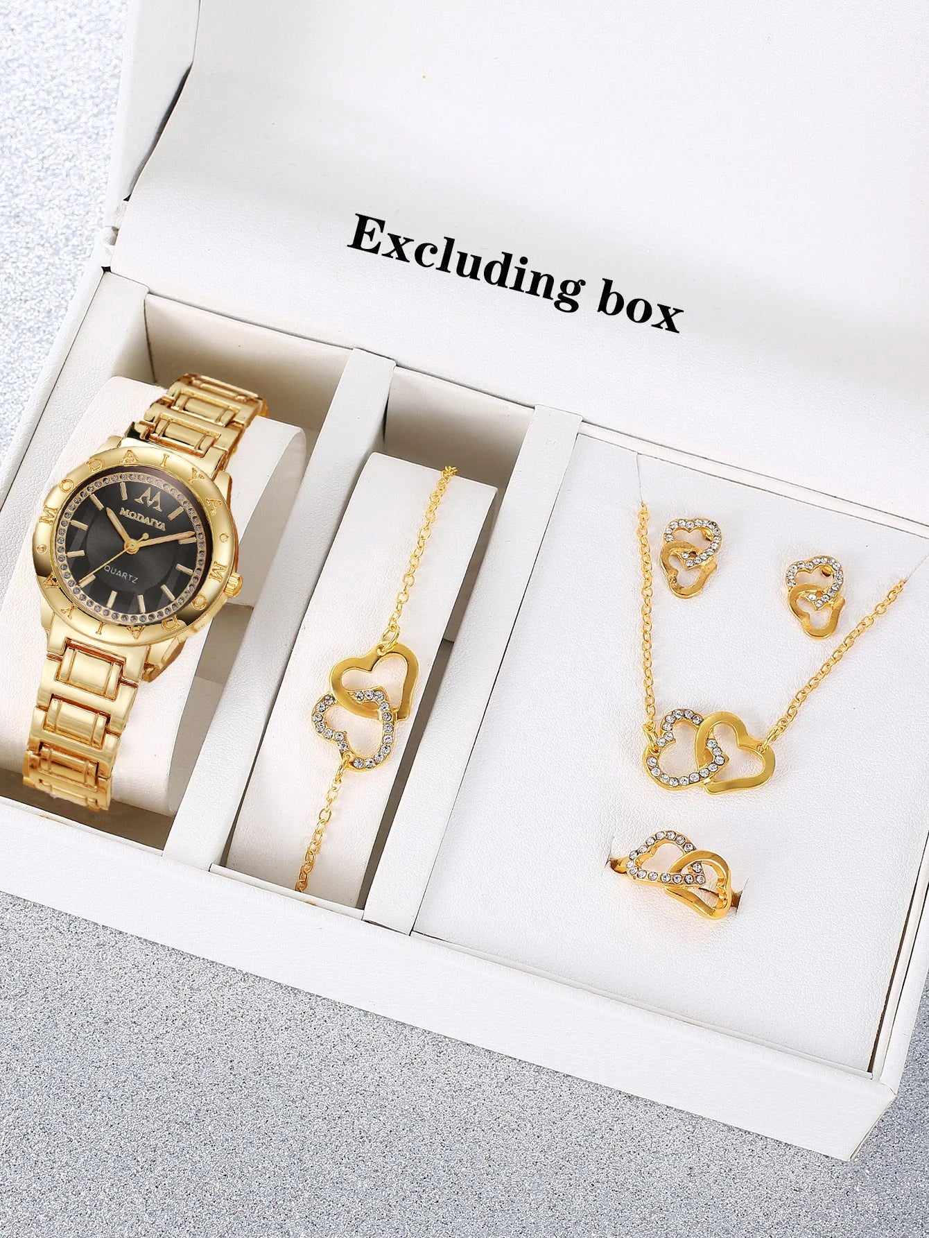 1pcs quartz watch minimalist watch women's watch gold and+5pcs versatile double heart set Qme Golden Black Set