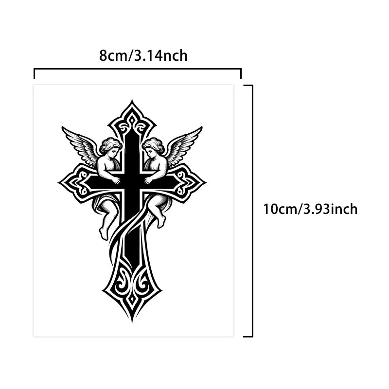 Cross & Angel Temporary Tattoo, Herbal Semi-Permanent Waterproof 7-15 Days, Mystical Religious Fake Tattoo for Arm & Leg Qme BG-053
