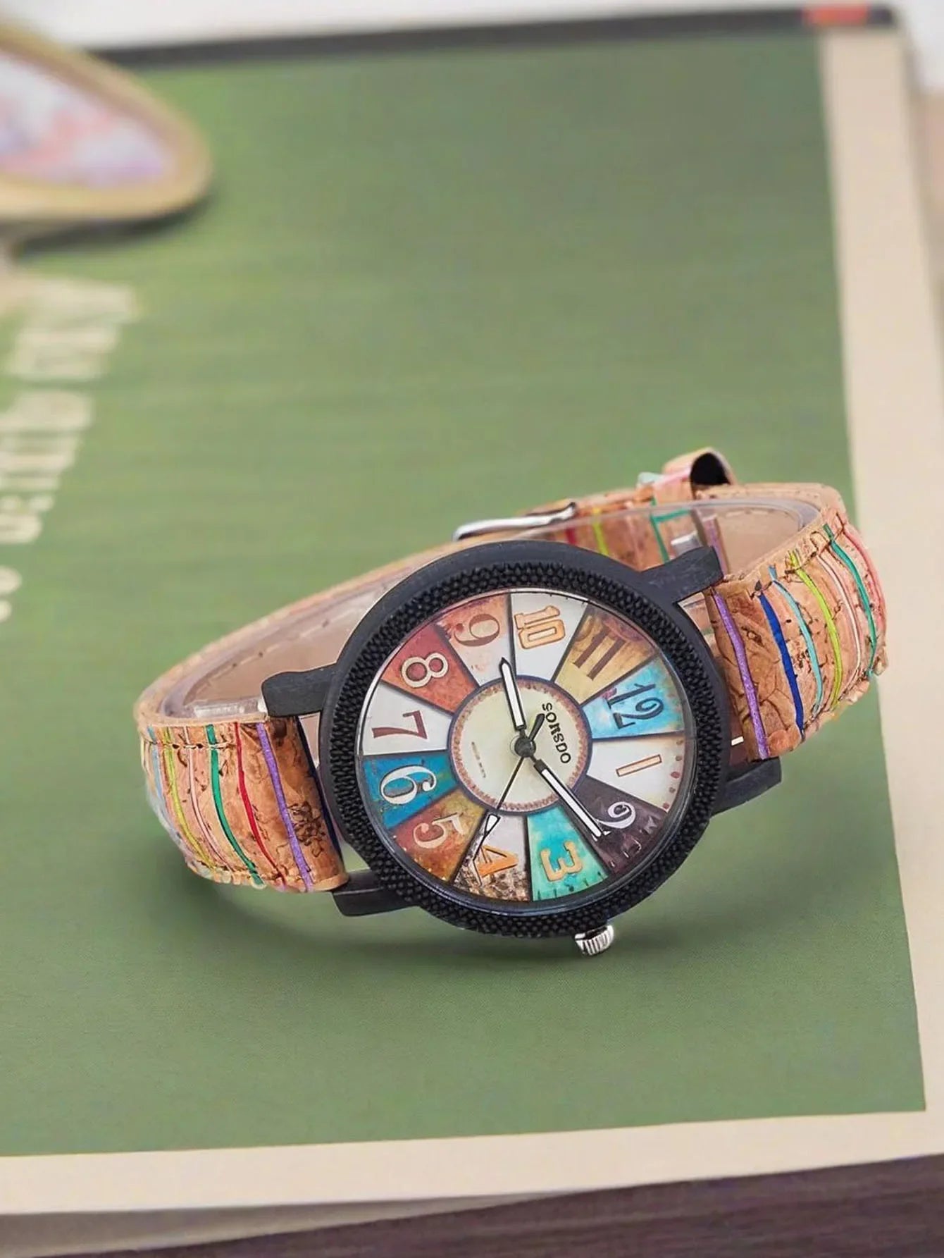 2-piece/set wood grain dial women's watch retro striped pattern leather watch tree strap student watch combination Qme