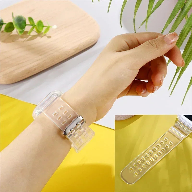 Clear Band + Case for Apple Watch Series 9 8 7 6 SE 5 49mm 45mm 44mm 42mm 41mm Transparent for iwatch 3 38mm 40mm Plastic Strap Qme