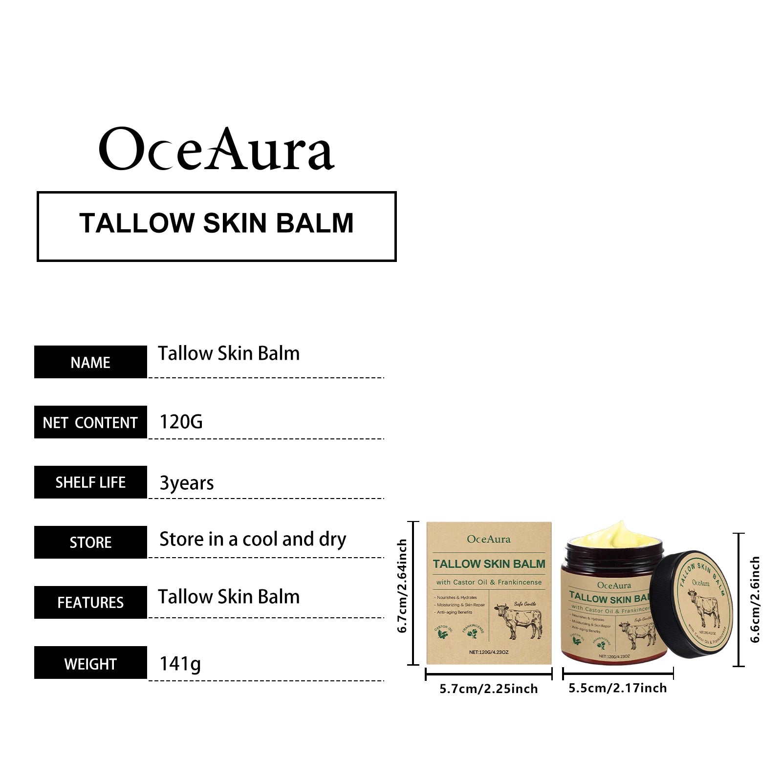 OceAura Tallow Skin Balm Castor Oil Frankincense Infused Nourishing Hydrating Anti-aging Sensitive Skin Friendly Skin Care Cream Qme