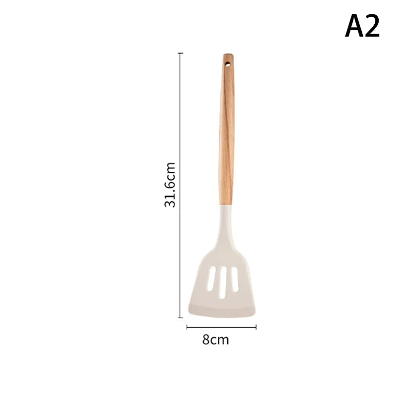 Wooden Handle Silica Gel Spatula Temperature Pot Frying Soup Ladle Qme A2